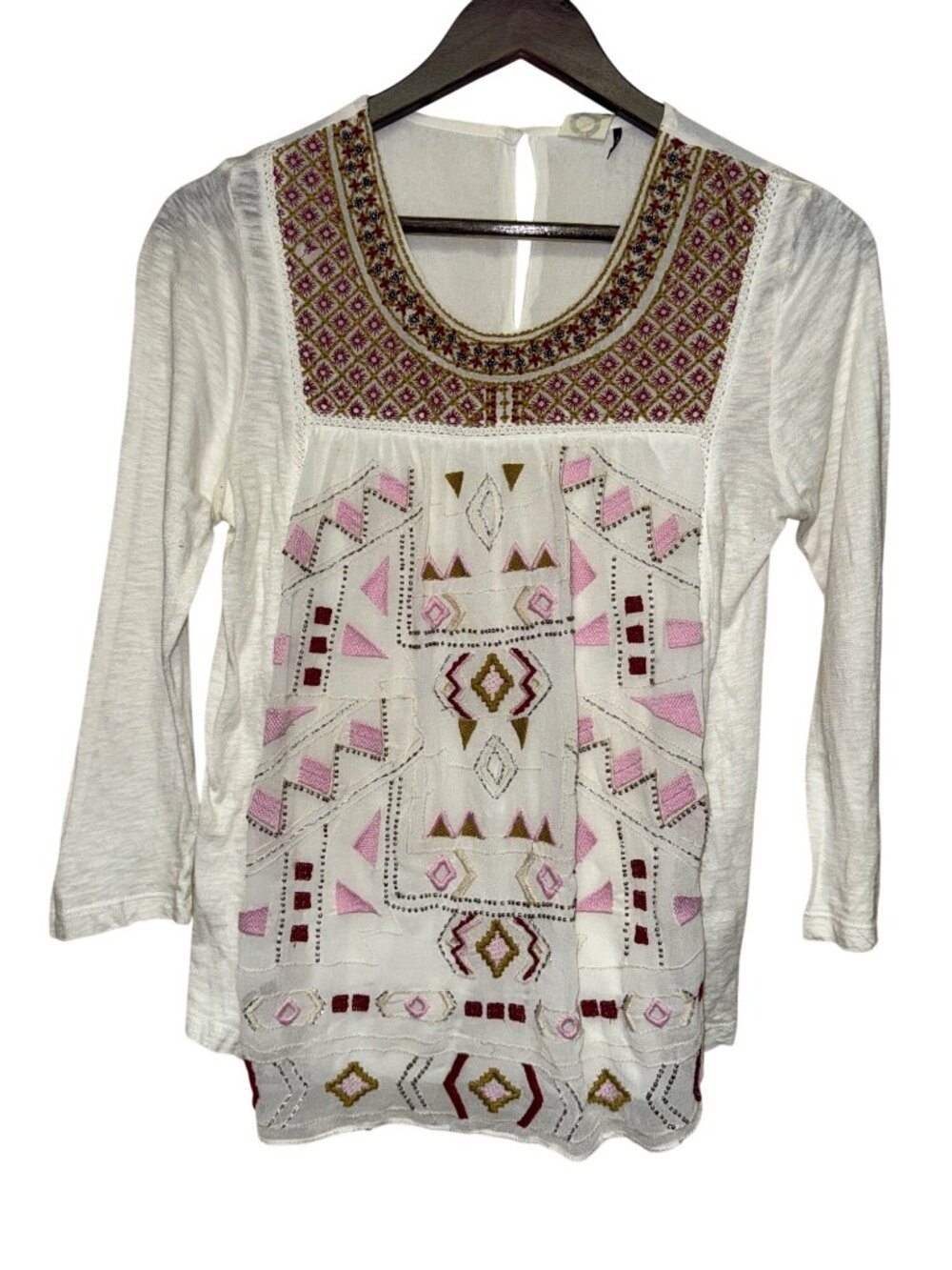 Anthropologie Akemi & Kin Women's Top Boho White Embroidered Geomentric Small